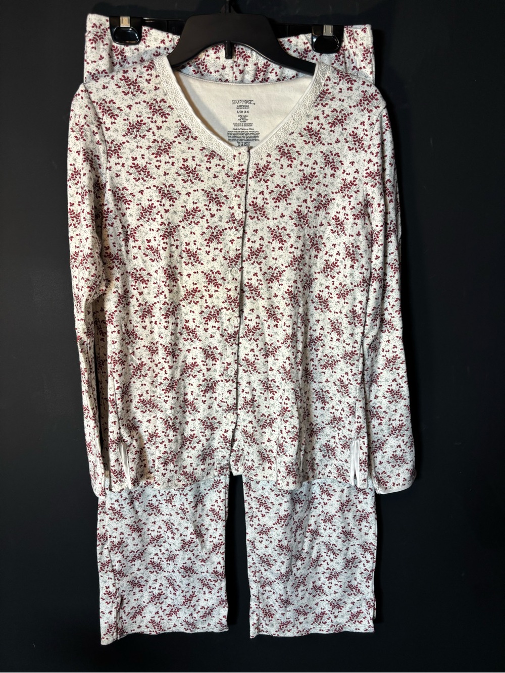 Ladies Cream and Burgundy Floral Button-Front Pajama Set-Small (4/6)